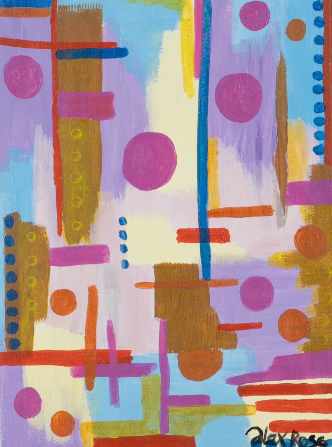 Soft pink circles floating on a lavender and sky-blue background with golden rectangular blocks and orange dots scattered throughout