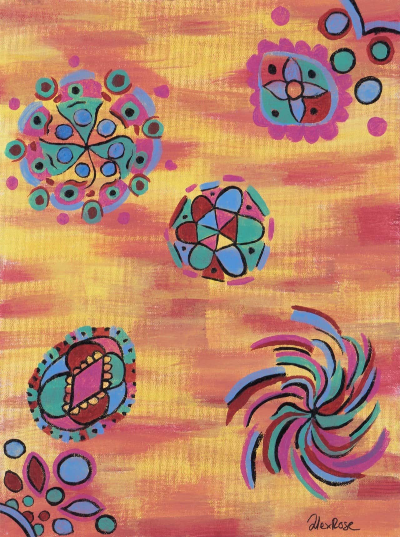 Bright concentric circles in red, orange, yellow, and blue on a sky-blue background with curvy green vine shapes weaving between them