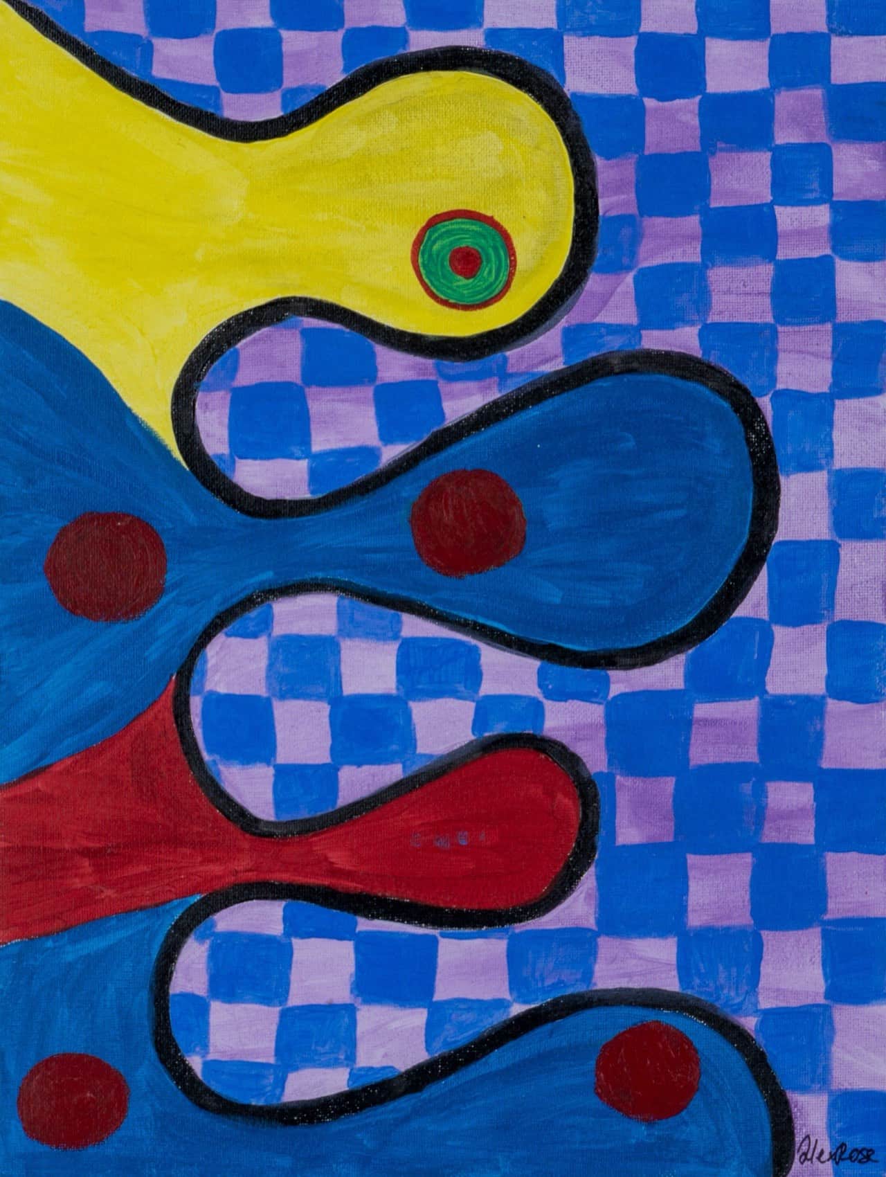 Three stacked blob creatures in yellow, blue, and red with bold black outlines and round eyes on a blue-and-purple checkerboard background